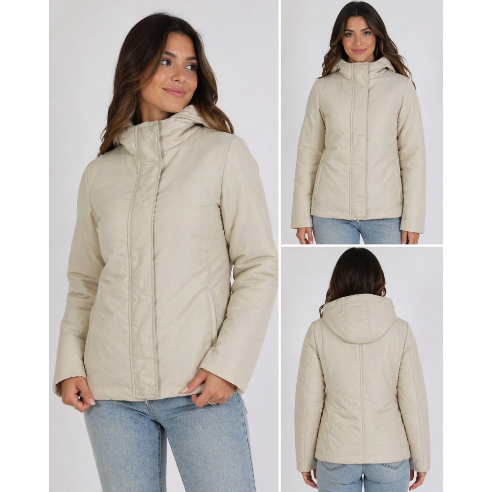 S Max Mara Goose Down Puffer‎ Jacket Cream Beige Hooded Coat Womens Size 4 IT 36